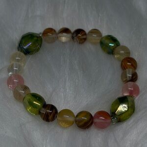 Genuine Watermelon Tourmaline Stretch Bracelet with Vintage Glass Beads
